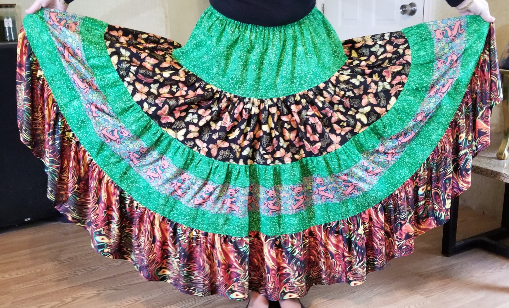 green and orange dancing bear spinning skirt long length – The Skirt Lady